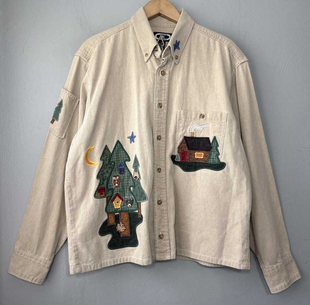 VtgThree Rivers Denim Shacket Size Medium Tan Cabin Embroidered Button Up Shirt